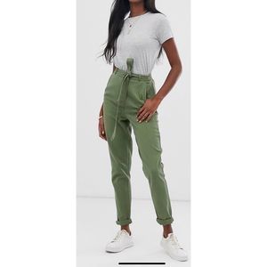 Army Green Tall Washed Twill Tie Waist Casual Pants